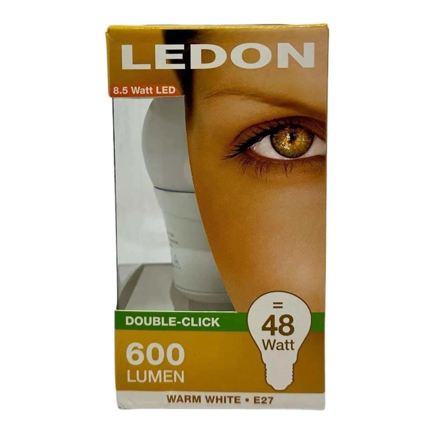 LEDON 8.5W LED bulb package showing warm white E27 bulb, 600 lumen output, equivalent to 48 watt incandescent.