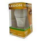 LEDON 8.5W LED bulb in white packaging showing warm white 2700K specifications and 600 lumen output.