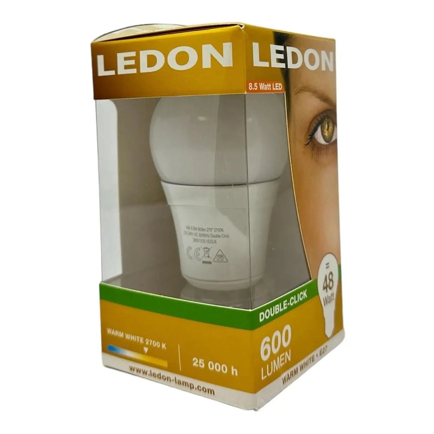 LEDON 8.5W LED bulb in white packaging showing warm white 2700K specifications and 600 lumen output.