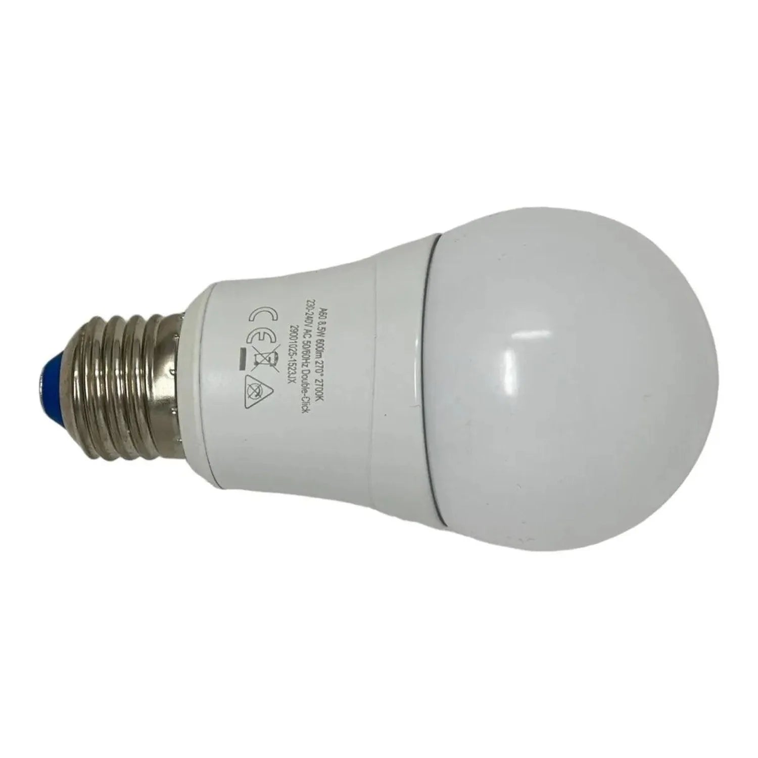 White LED bulb with E27 screw base and certification markings visible on the lower portion.