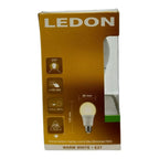 LEDON warm white E27 LED bulb packaging showing product specifications and dimmable bulb with 270° beam angle.