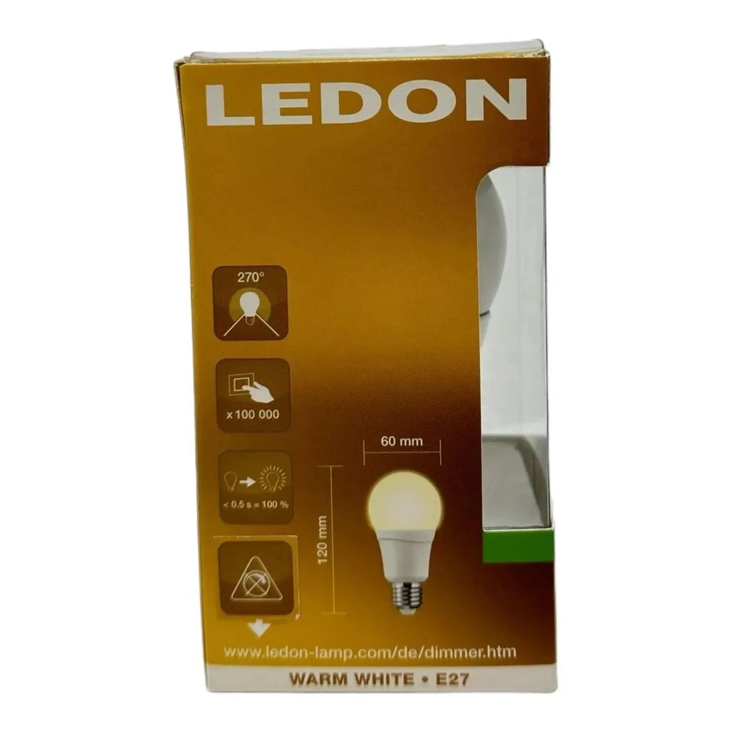 LEDON warm white E27 LED bulb packaging showing product specifications and dimmable bulb with 270° beam angle.