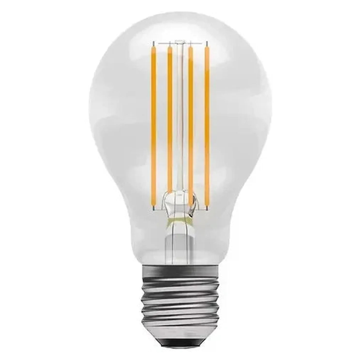 Clear glass LED filament bulb with four vertical golden filaments inside, standard E27 screw base, shown against white backgr