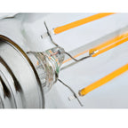 LED filament bulb with yellow connector wires and metal contacts on white background, showing internal structure and installa