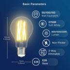 LED filament bulb with dimensions and specifications showing 50/100/150 watt equivalent, 2700K soft white, 800/1500/2200 lume