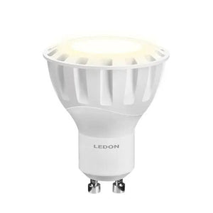 LEDON GU10 LED spotlight bulb with white ribbed reflector dome and metal base pins, product shot on white background.