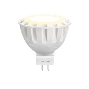 Ledon LED spot bulb with white ribbed dome, GU5.3 base, isolated on white background.