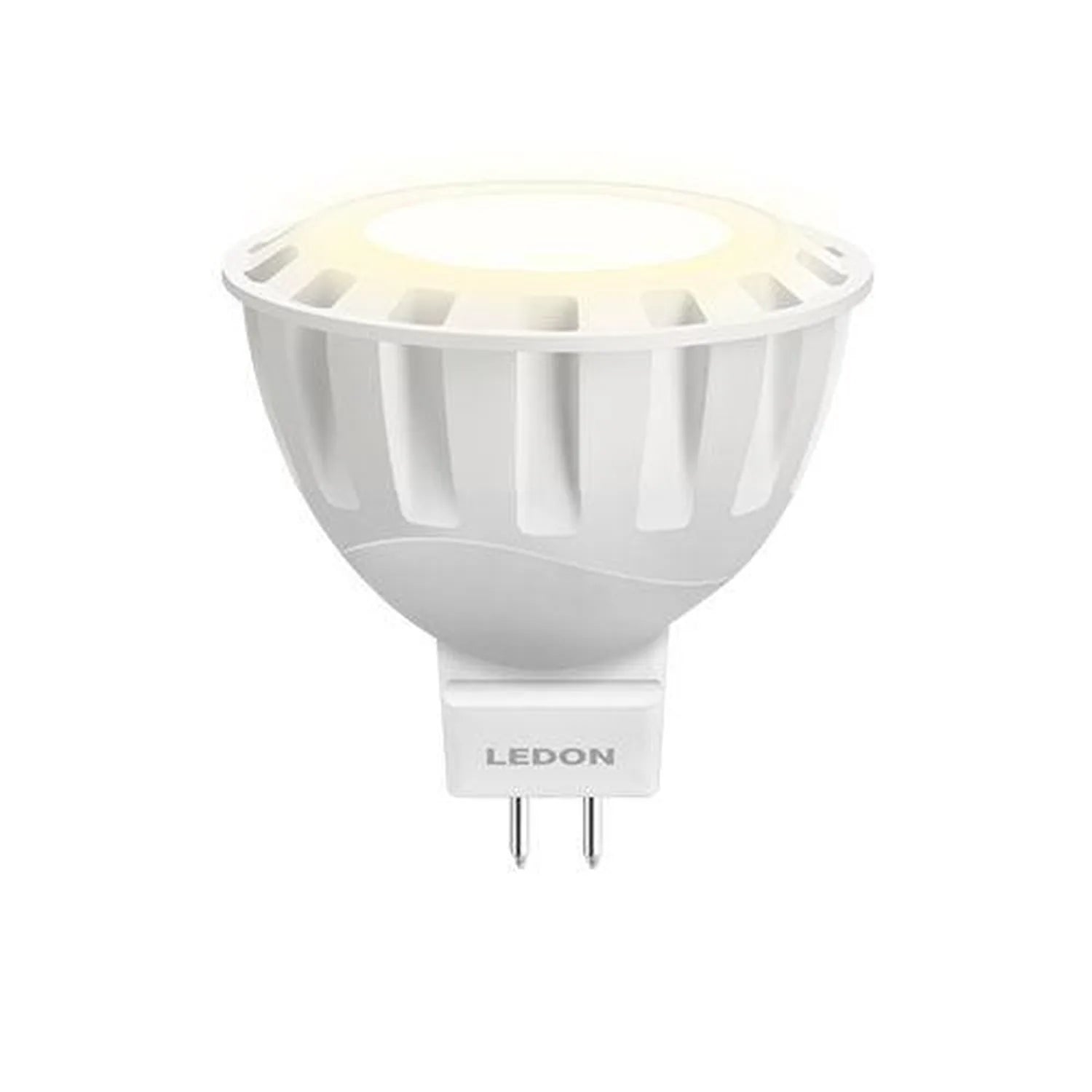 Ledon LED spot bulb with white ribbed dome, GU5.3 base, isolated on white background.