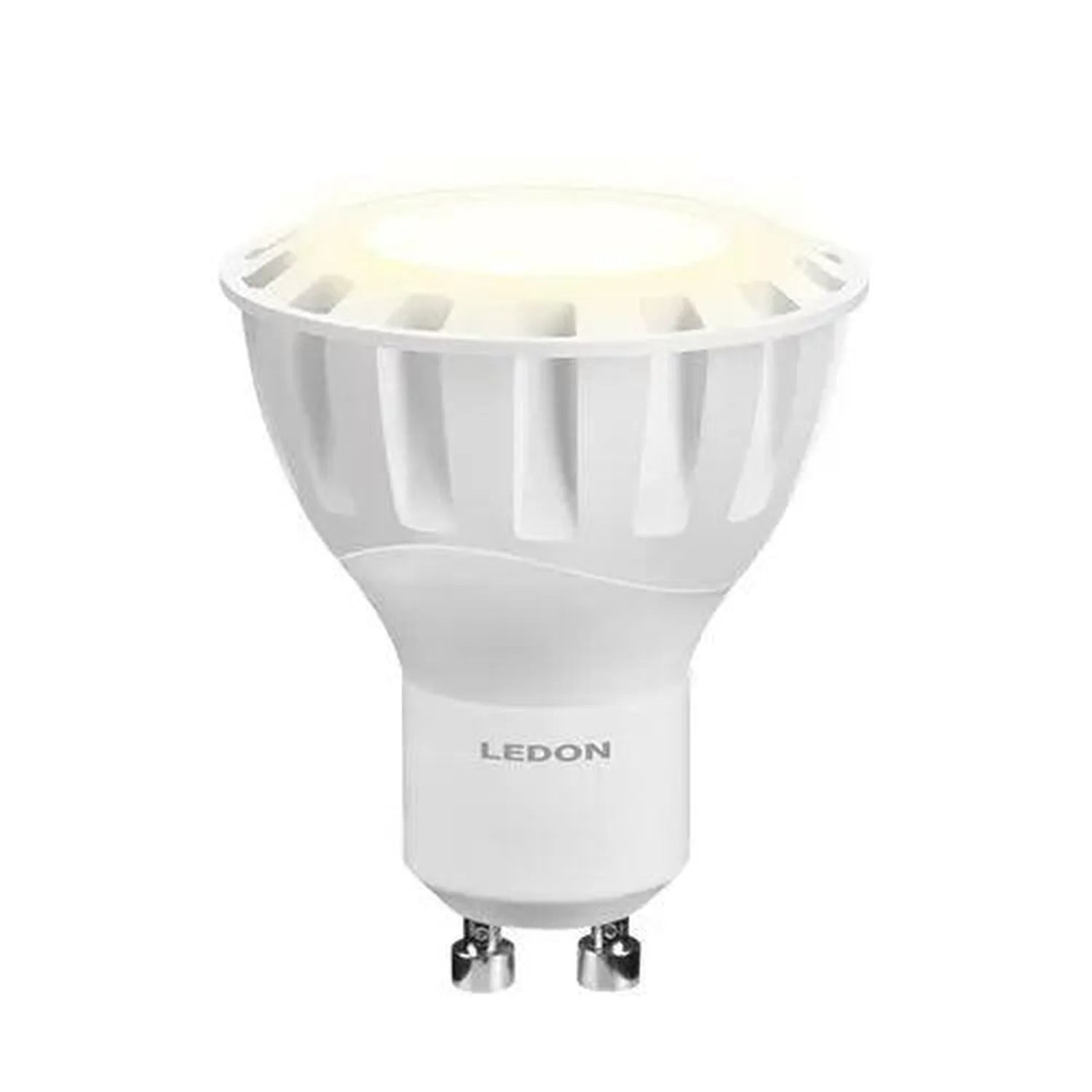 LEDON white GU10 LED spotlight with ribbed reflector and metal base contacts, product shot on white background.
