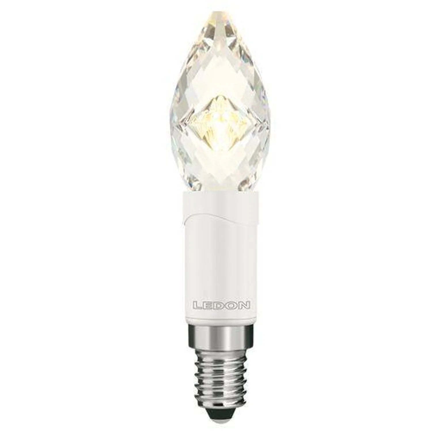 LEDON LED candle bulb with crystal Swarovski pendant top, white base, E14 screw fitting, warm white light glowing inside.