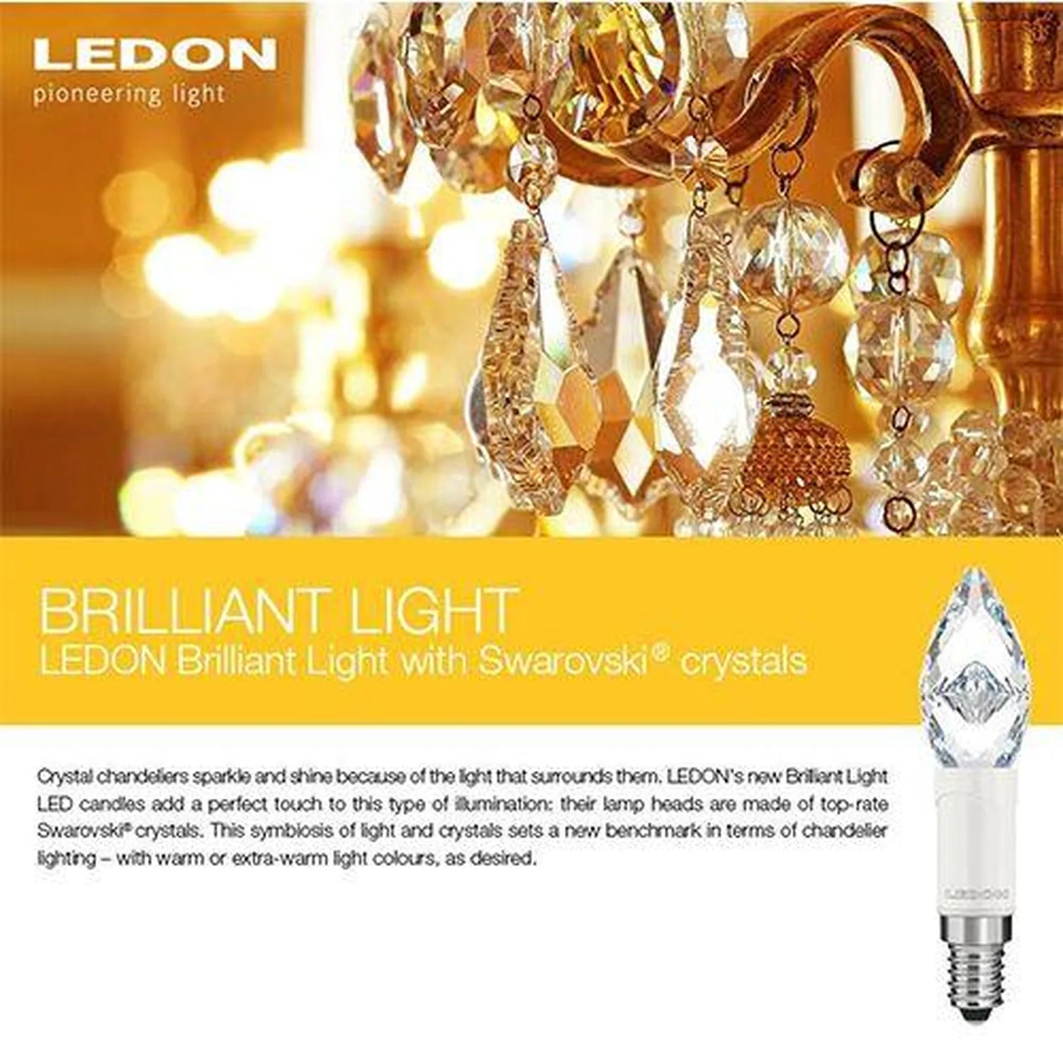 LEDON Brilliant Light LED candle bulb with Swarovski crystal top displayed next to elegant gold crystal chandelier with warm 