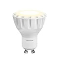 LEDON GU10 LED spot bulb with white ribbed reflector head and metal base pins, shown against white background.