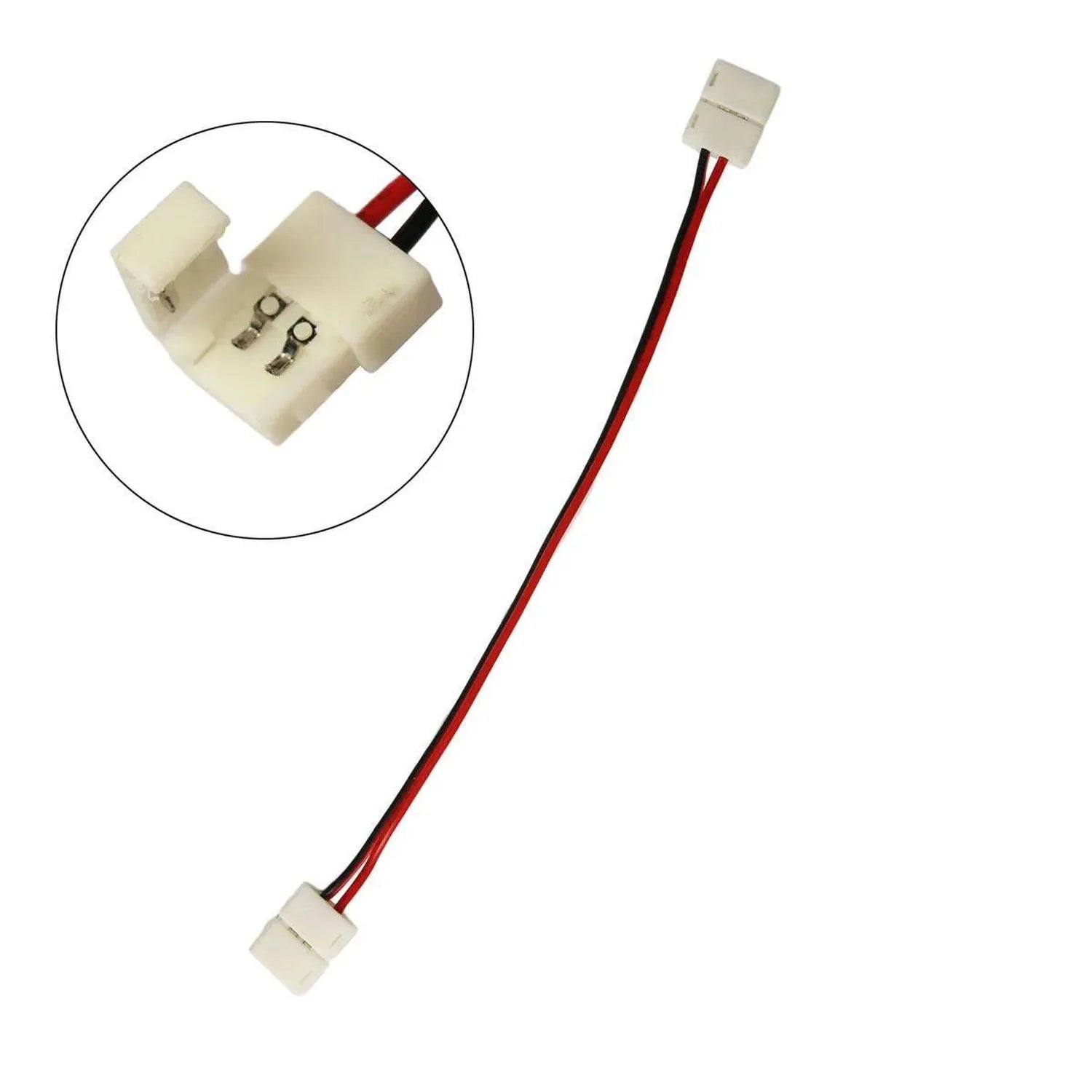 LED strip adapter cable with red and black wires connecting two white connectors, inset detail shows connector pins.