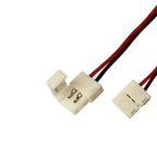 Two cream-colored LED strip connectors with red and black wires attached, showing 2-pin and 4-pin configurations for strip li