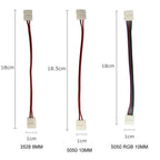 Three LED strip adapter cables shown with specifications: 3528 8MM (18cm), 5050 10MM (18.5cm), and 5050 RGB 10MM (18cm), each