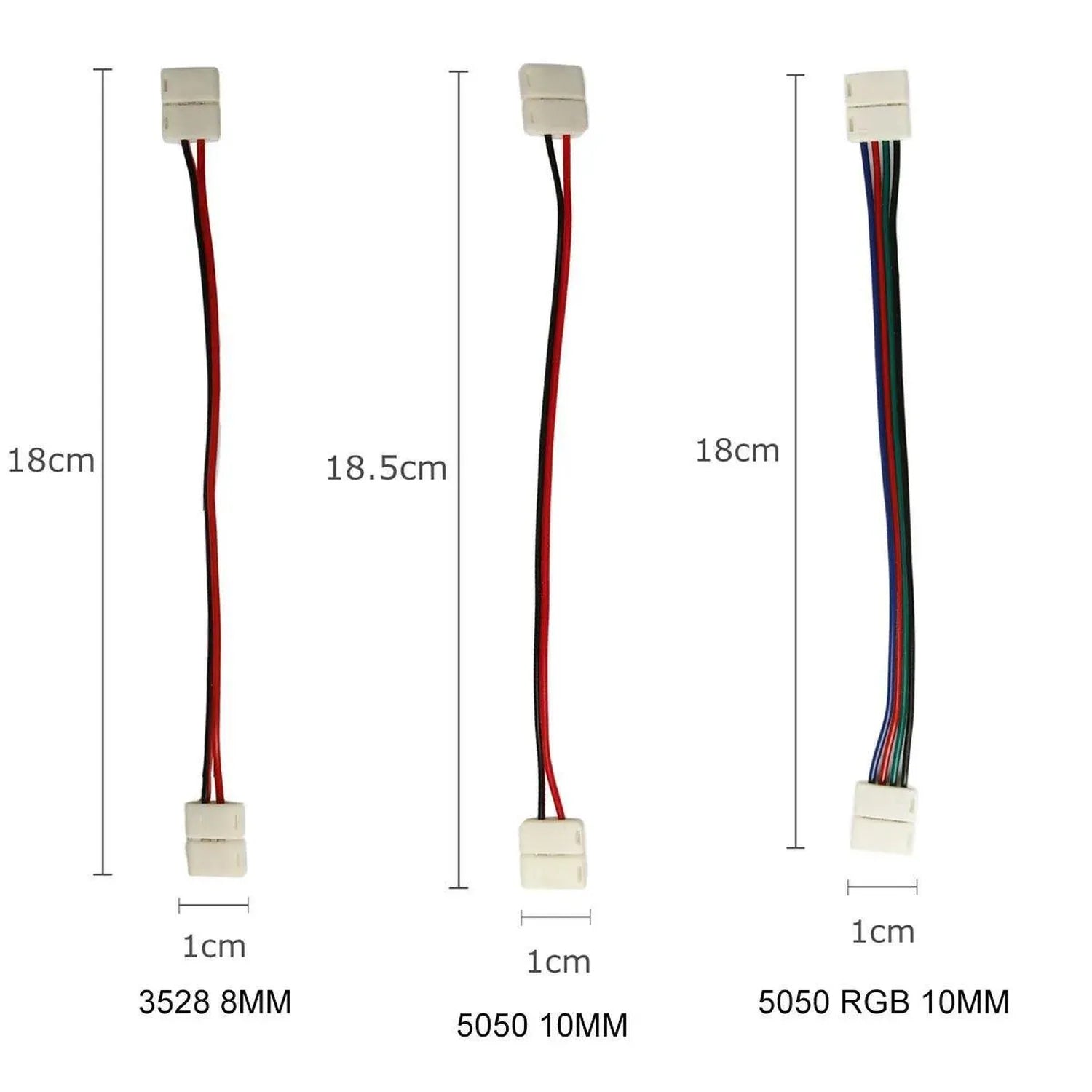 Three LED strip adapter cables shown with specifications: 3528 8MM (18cm), 5050 10MM (18.5cm), and 5050 RGB 10MM (18cm), each