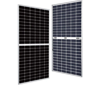 Two 625W bifacial solar panels with dual glass construction and white aluminum frames, displayed at an angle against a white 