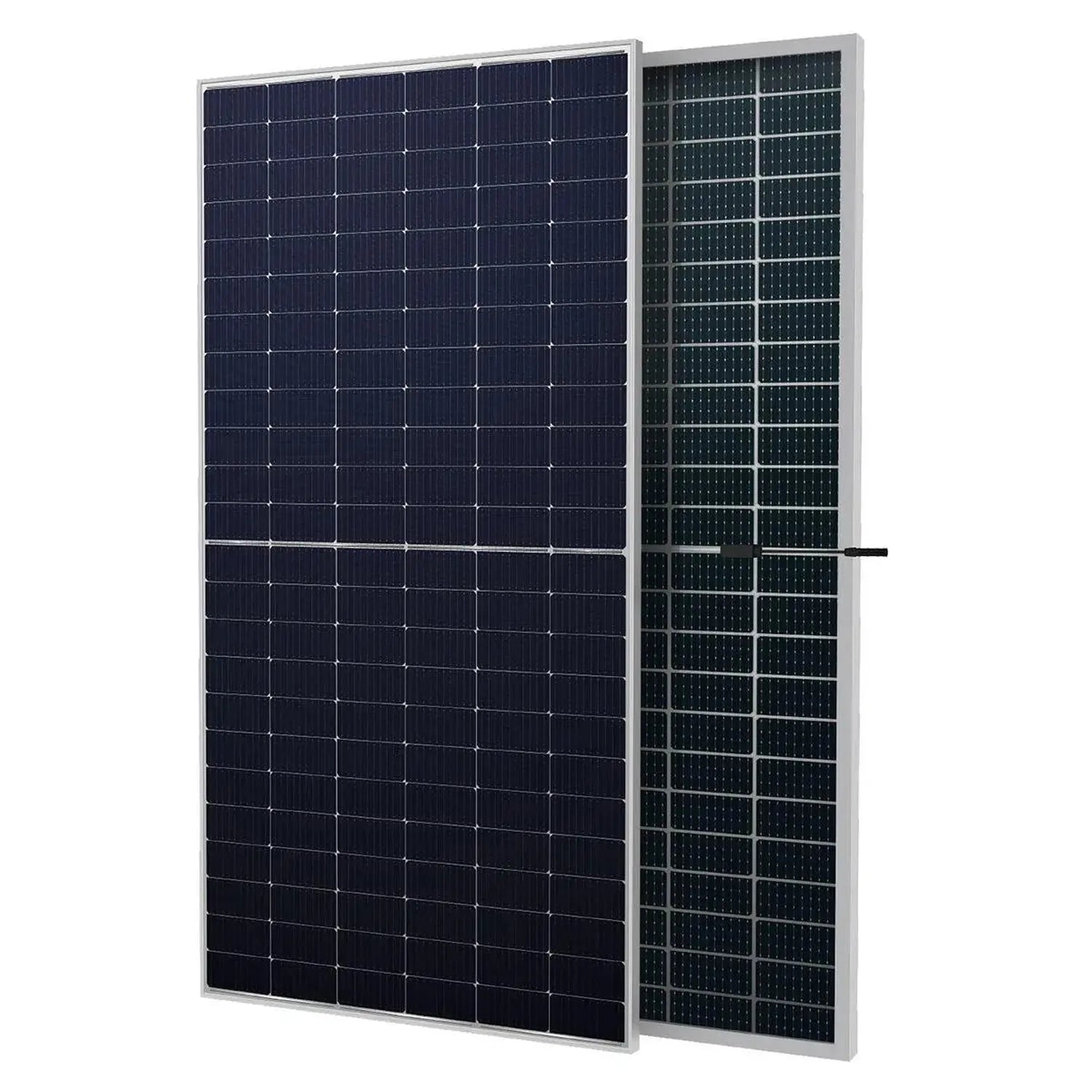 Two 625W N-Type bifacial solar panels with dark blue and green glass surfaces arranged side by side against white background.