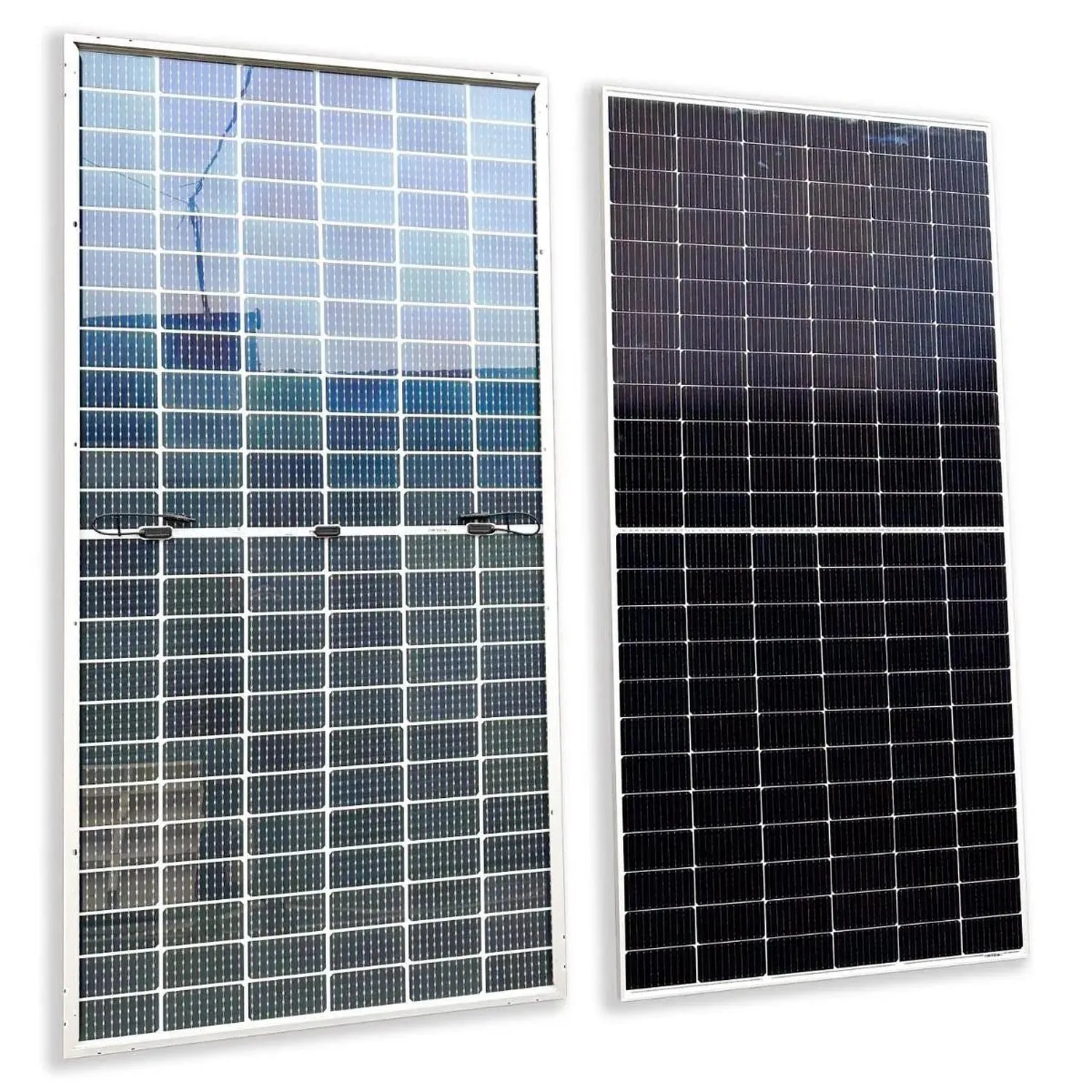 Two solar panels side-by-side: left panel shows light blue to dark green gradient cells, right panel shows dark charcoal cell