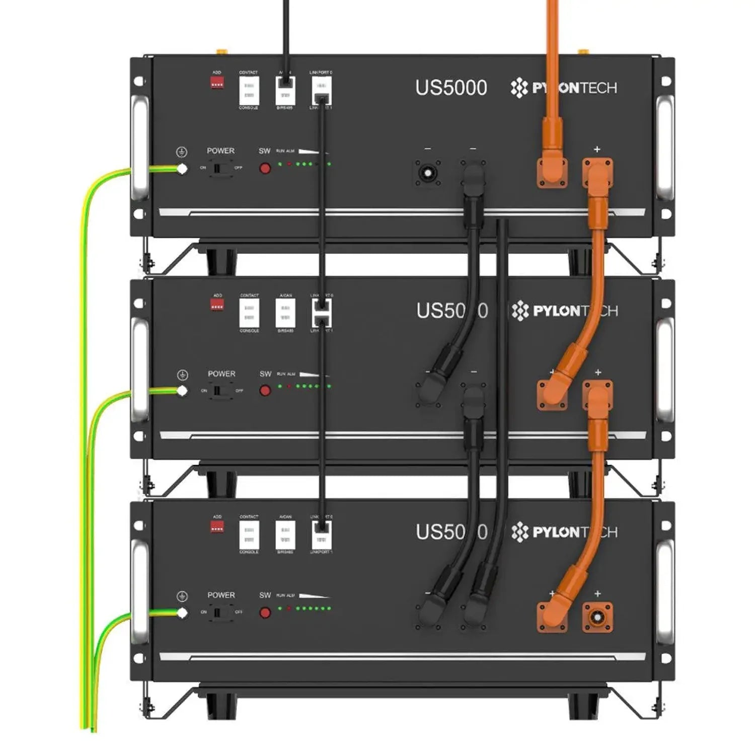 Three stacked Pylontech US5000 battery units with orange and black cables connected, green power cords on left side, control 