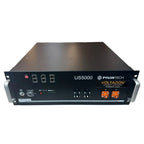 Pylontech US5000 battery management system front panel with power controls, network ports, and orange terminal connectors.