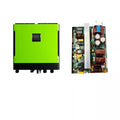 Front and internal circuit board views of green-cased hybrid inverter with LCD display and component board showing inductors 