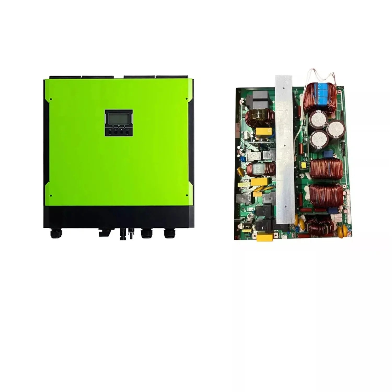 Front and internal circuit board views of green-cased hybrid inverter with LCD display and component board showing inductors 