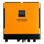 Voltacon power conversion inverter with orange front panel and LCD display screen mounted centrally.