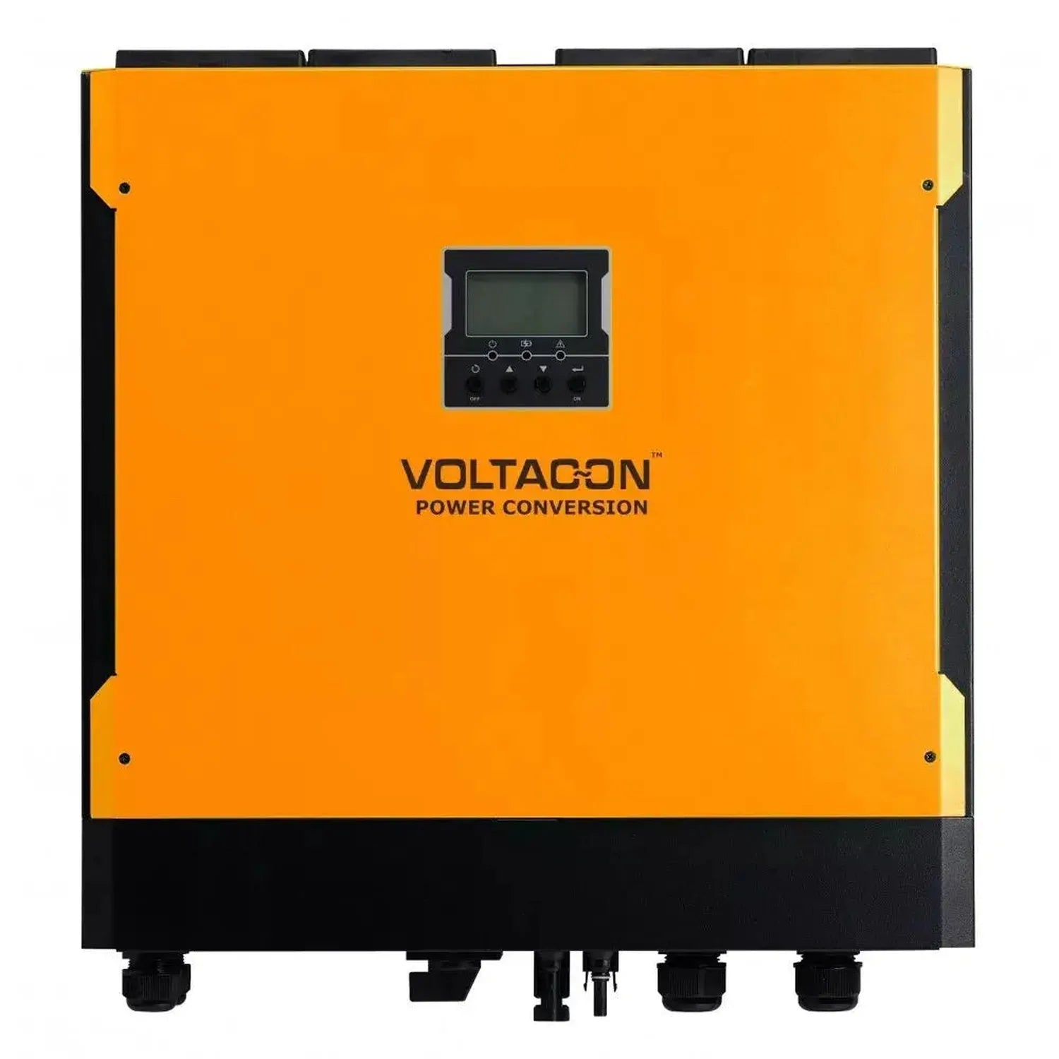 Voltacon power conversion inverter with orange front panel and LCD display screen mounted centrally.