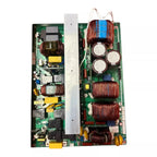 Green circuit board with copper coils, capacitors, and electronic components for Infinisolar E hybrid inverter.