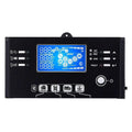 LCD Remote Display Panel with blue screen showing voltage, current, and battery data, featuring control buttons and status in