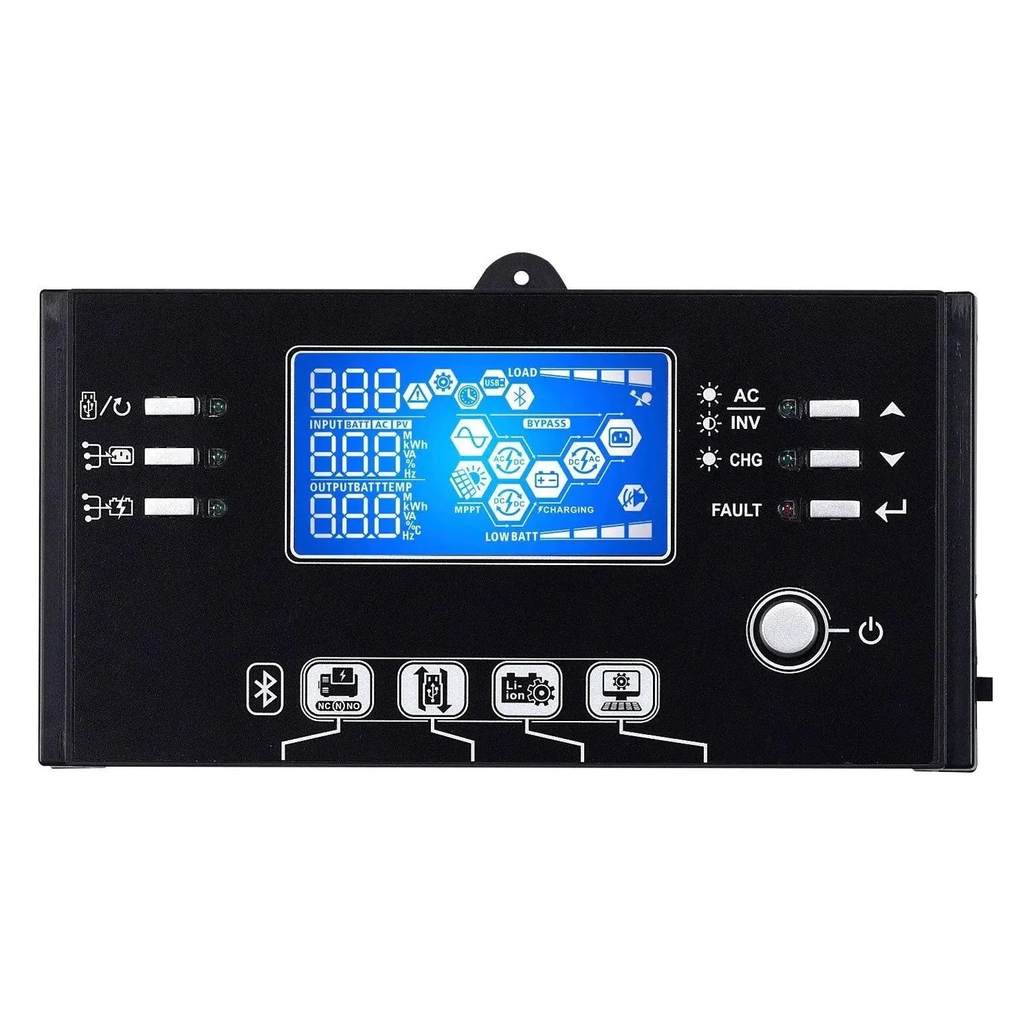 LCD Remote Display Panel with blue screen showing voltage, current, and battery data, featuring control buttons and status in