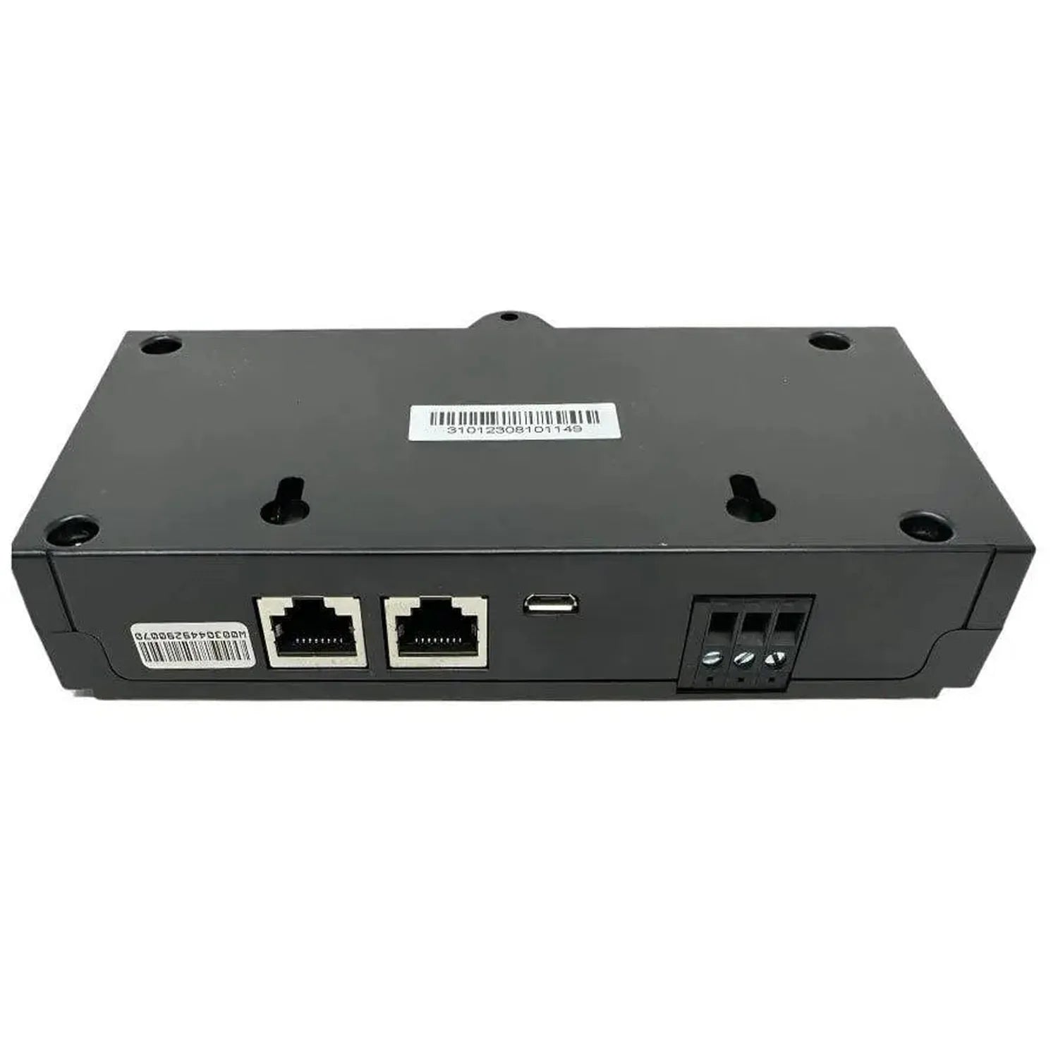 Black rectangular device with two ethernet ports, USB port, terminal block connector, and barcode labels on top and front.