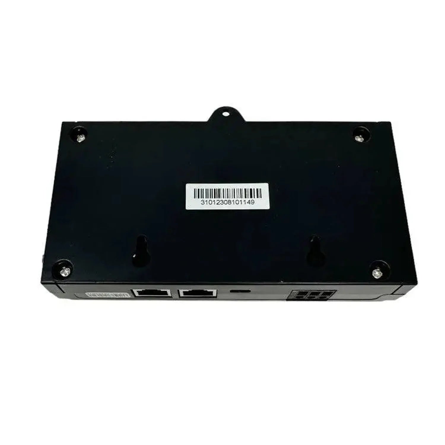 Black rectangular remote display panel with two ethernet ports and mounting bracket, barcode visible on back.