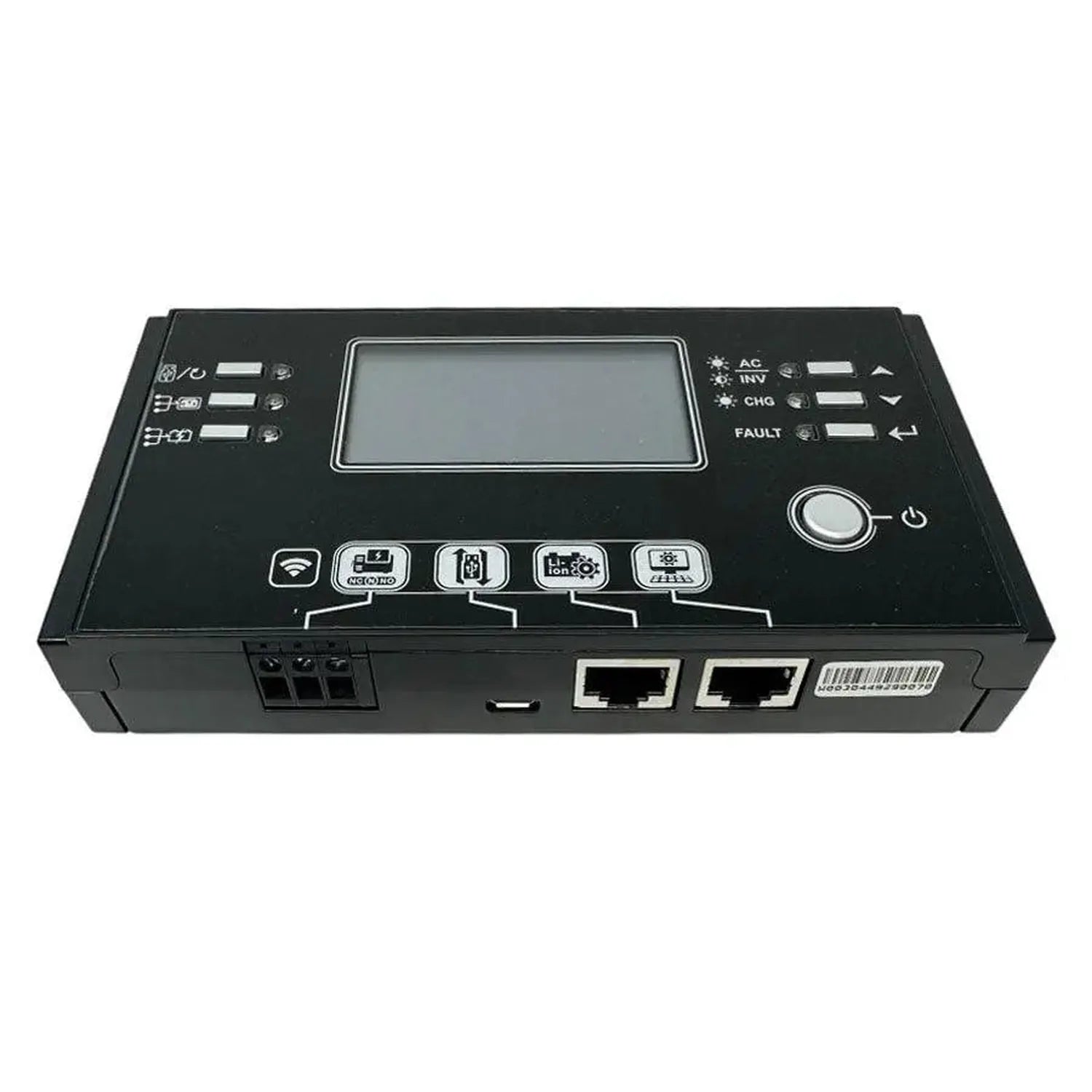 Black rectangular LCD remote display panel with WiFi icon, control buttons, two ethernet ports, and digital screen for Axpert