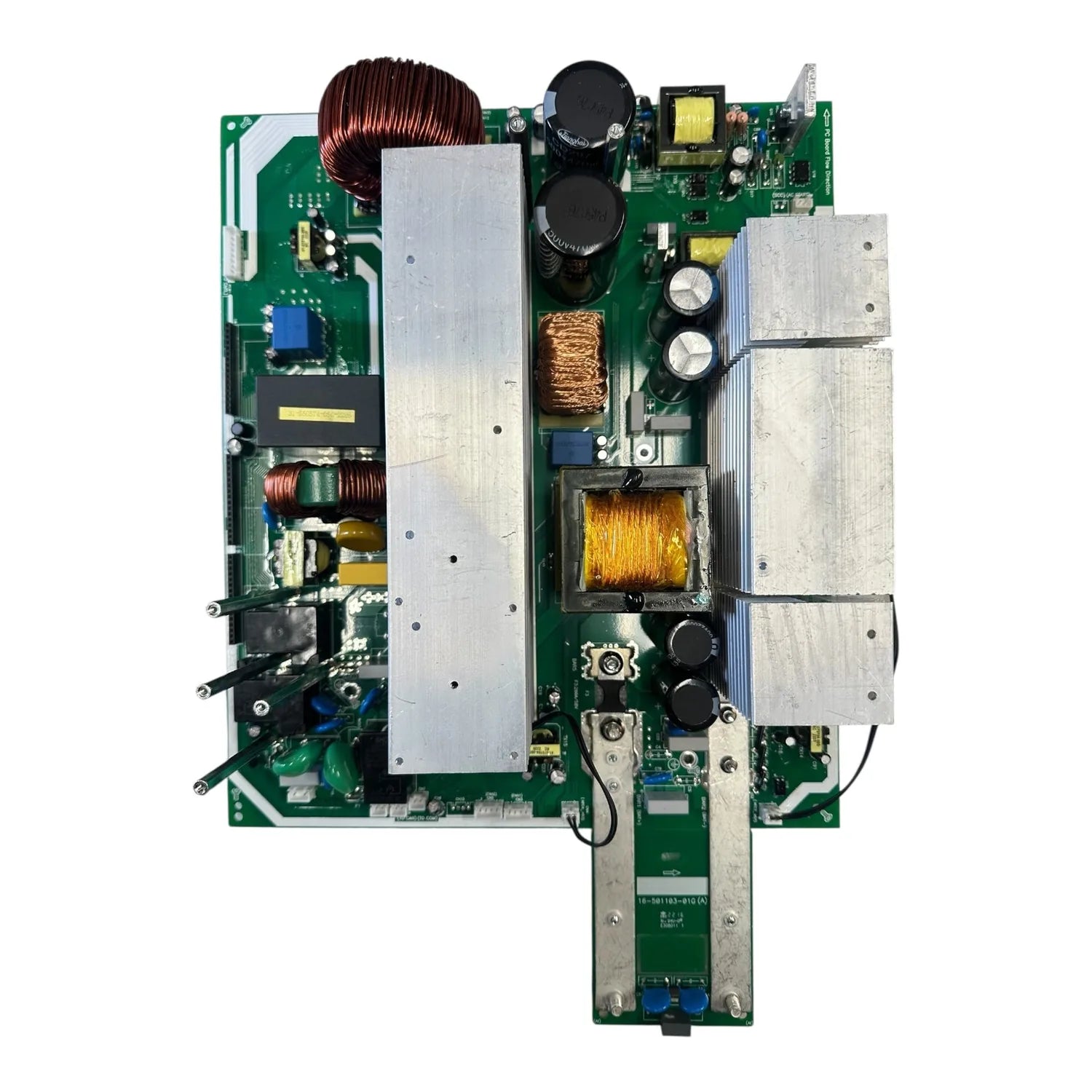 Main inverter circuit board with copper coils, capacitors, transformers, and heat sinks mounted on green PCB.