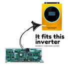DSP control board with green circuit components shown below yellow Voltacon inverter with cyan-ringed display, connected by c