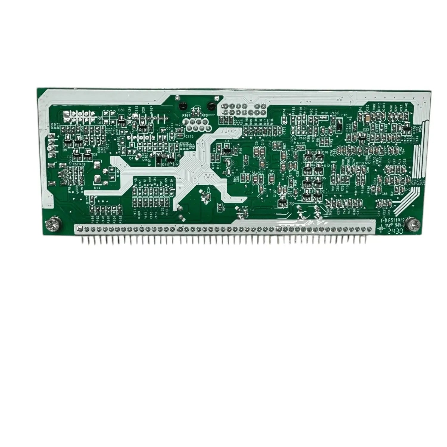 Green circuit board with white traces, components, and pin connector for Axpert VM IV inverter control system.