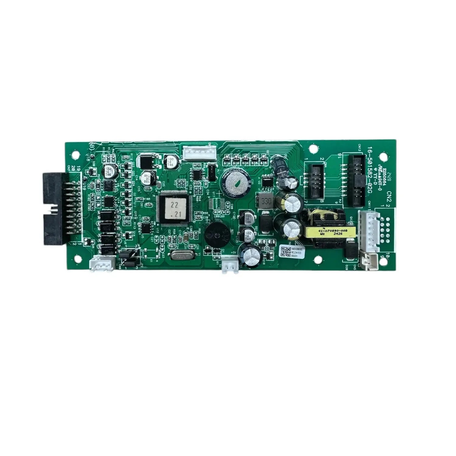 Green circuit board with microchip, capacitors, and connectors for Axpert VM IV inverter control system.