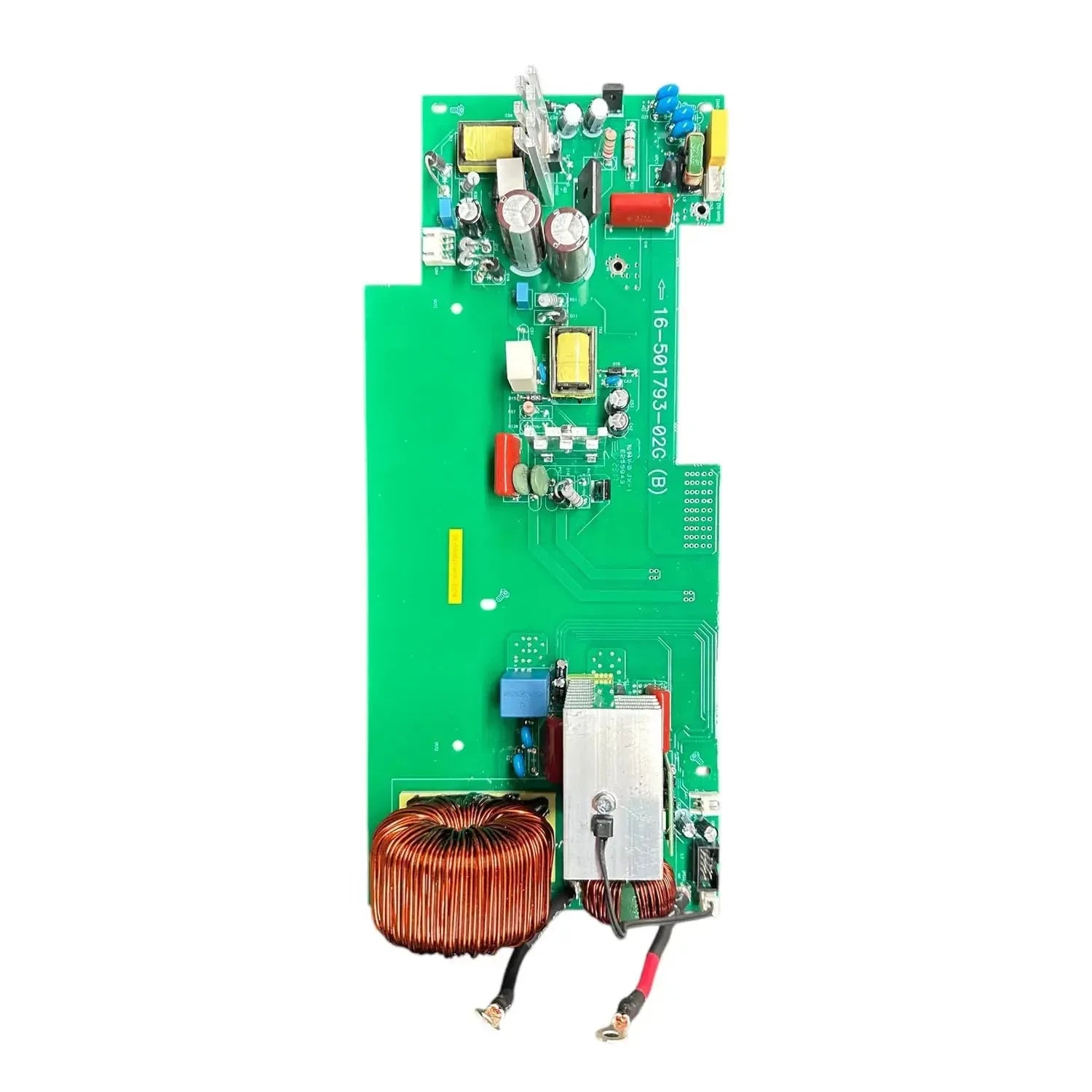 Green circuit board with transformers, capacitors, and copper coil for 5kW off-grid inverter MPPT replacement component.
