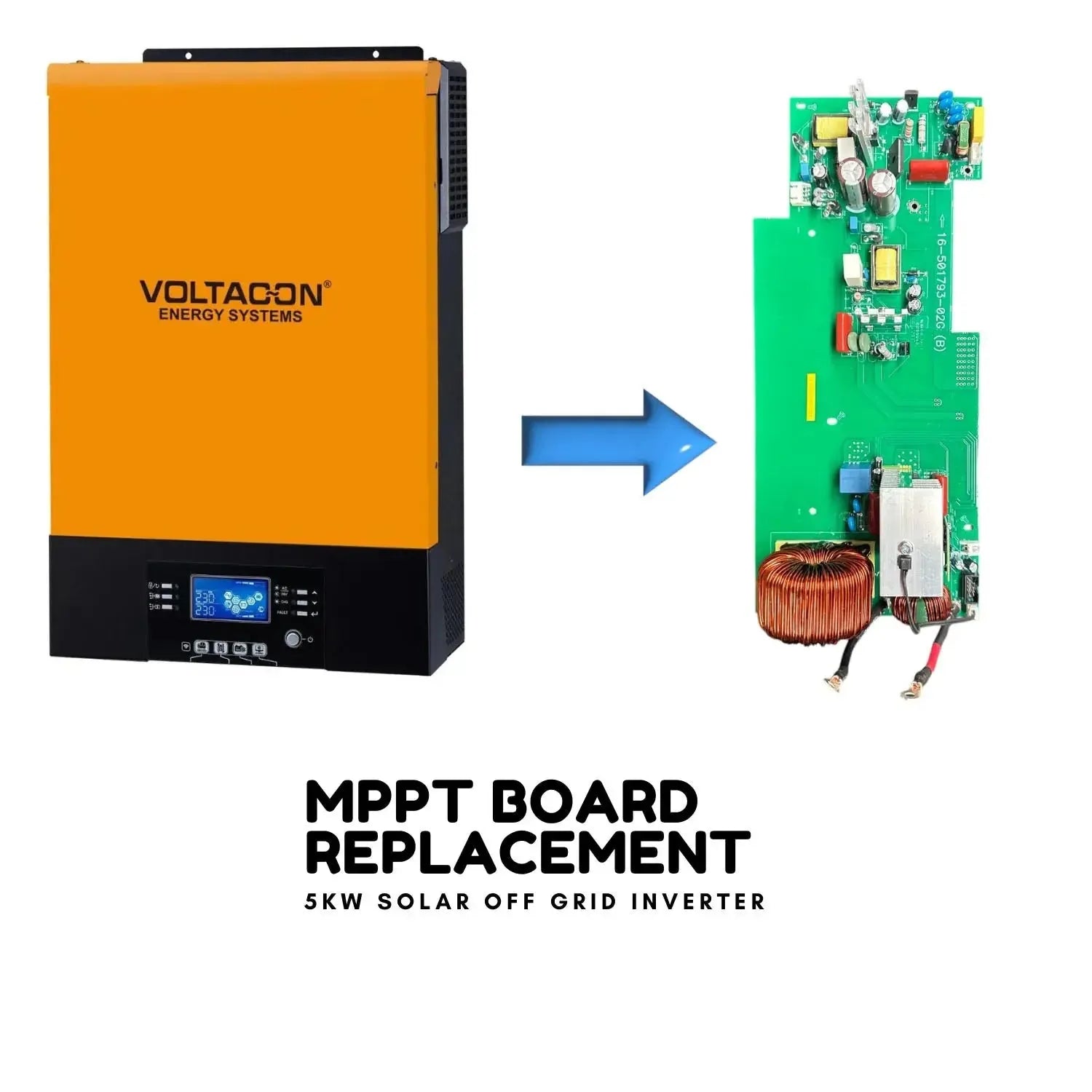 Voltagon 5kW solar off-grid inverter with MPPT board replacement showing orange exterior unit and internal green circuit boar