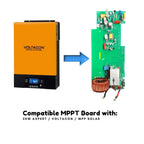 Voltacon orange and black inverter with arrow pointing to green circuit board MPPT replacement component below.