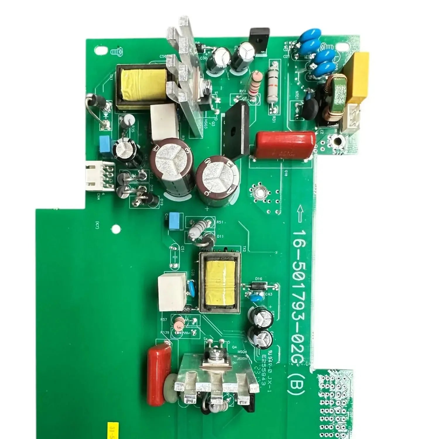 Green circuit board with transformers, capacitors, and electronic components for 5kW off-grid inverter MPPT replacement.