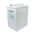 White rectangular Hoppecke gel battery with care instruction symbols and "German Quality Standard" branding on front, top ter