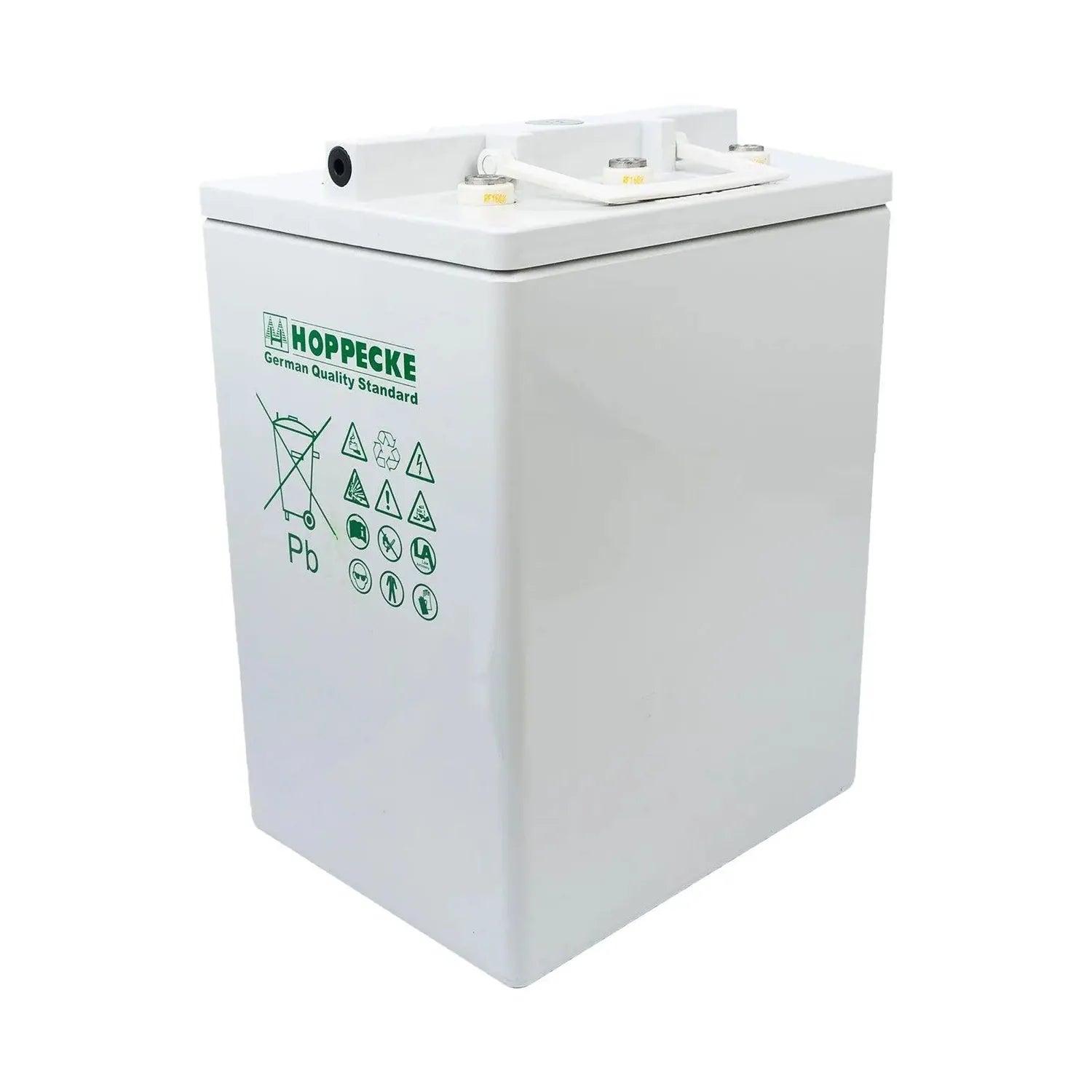 White rectangular Hoppecke gel battery with care instruction symbols and "German Quality Standard" branding on front, top ter