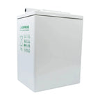 White rectangular Hoppecke battery with care instruction icons on front panel, German Quality Standard marking visible.