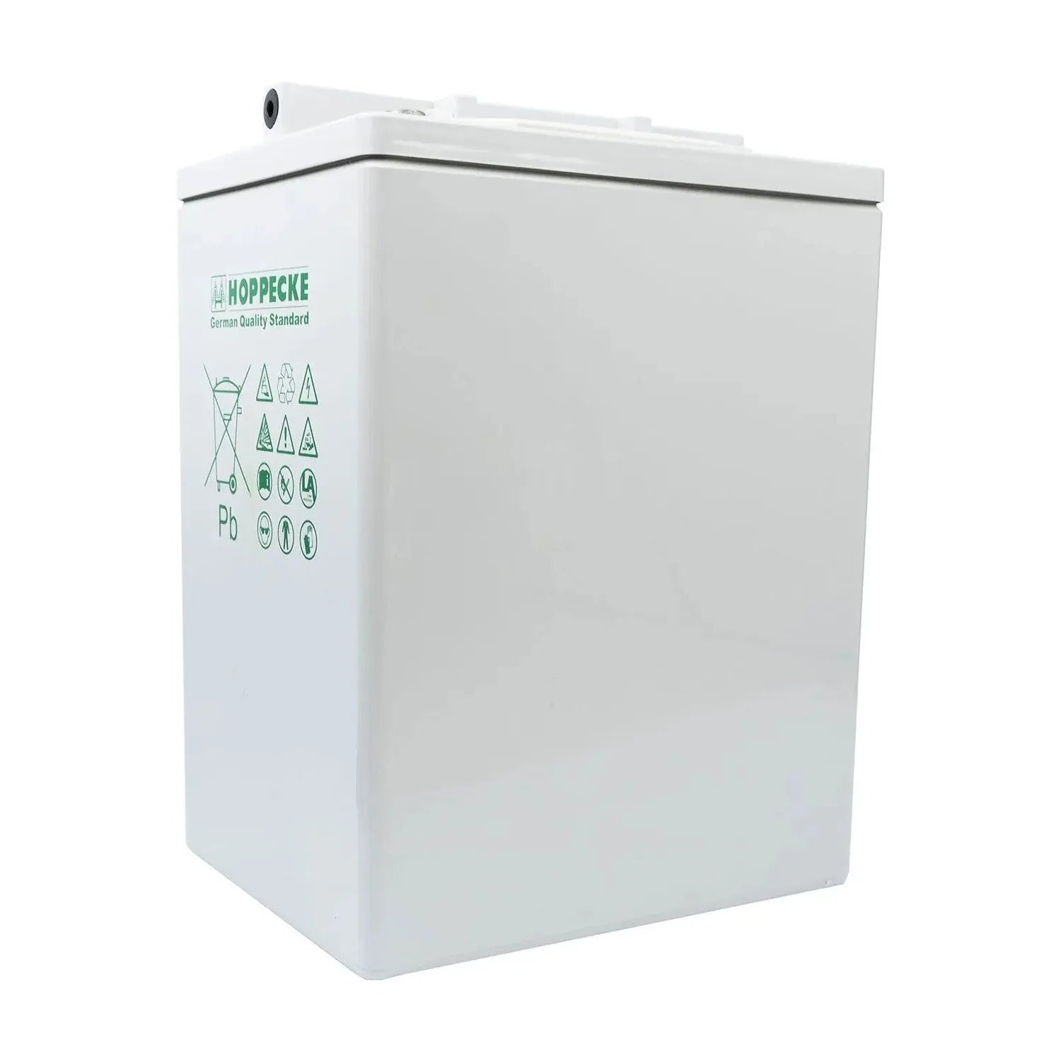 White rectangular Hoppecke battery with care instruction icons on front panel, German Quality Standard marking visible.