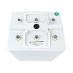 Top-down view of white hexagonal battery case with six terminal posts and central monitoring port, specifications label visib