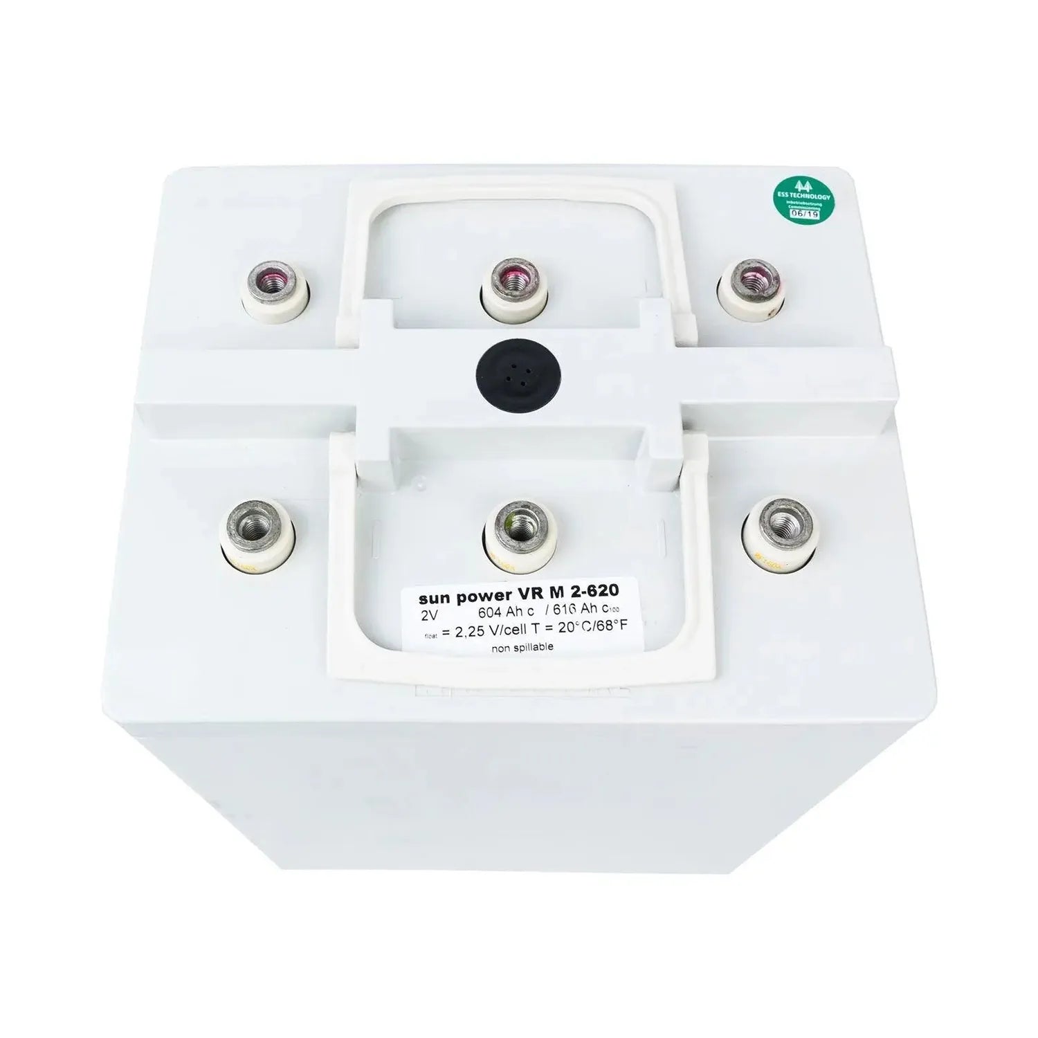 Top-down view of white hexagonal battery case with six terminal posts and central monitoring port, specifications label visib