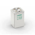 White rectangular AGM battery with Hoppecke branding and green recycling symbols, showing brass terminals and connection port